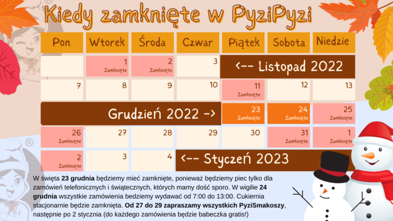 PyziPyzi godziny i dni otwarcia w nadchodzące Święta, Boże Narodzenie, Sylwester 2022