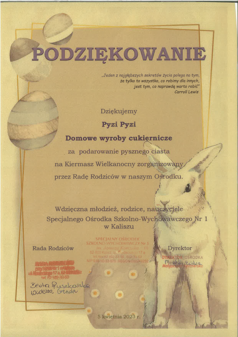 Podziekowania od szkoly dla