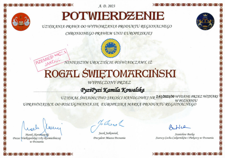 Rogal swietomarcinski certyfikat kalisz domowe wyroby cukiernicze jedyna pierwsza cukiernia z certyfikatem