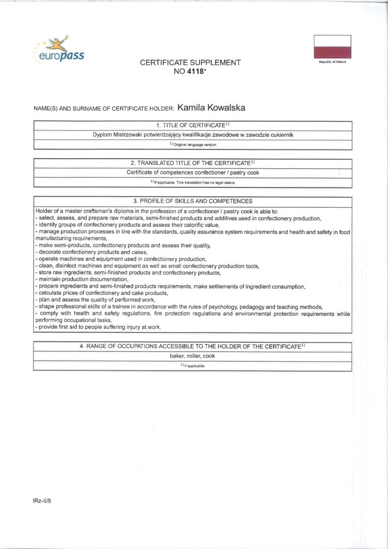 Suplement europejski certyfikat kamila kowalska