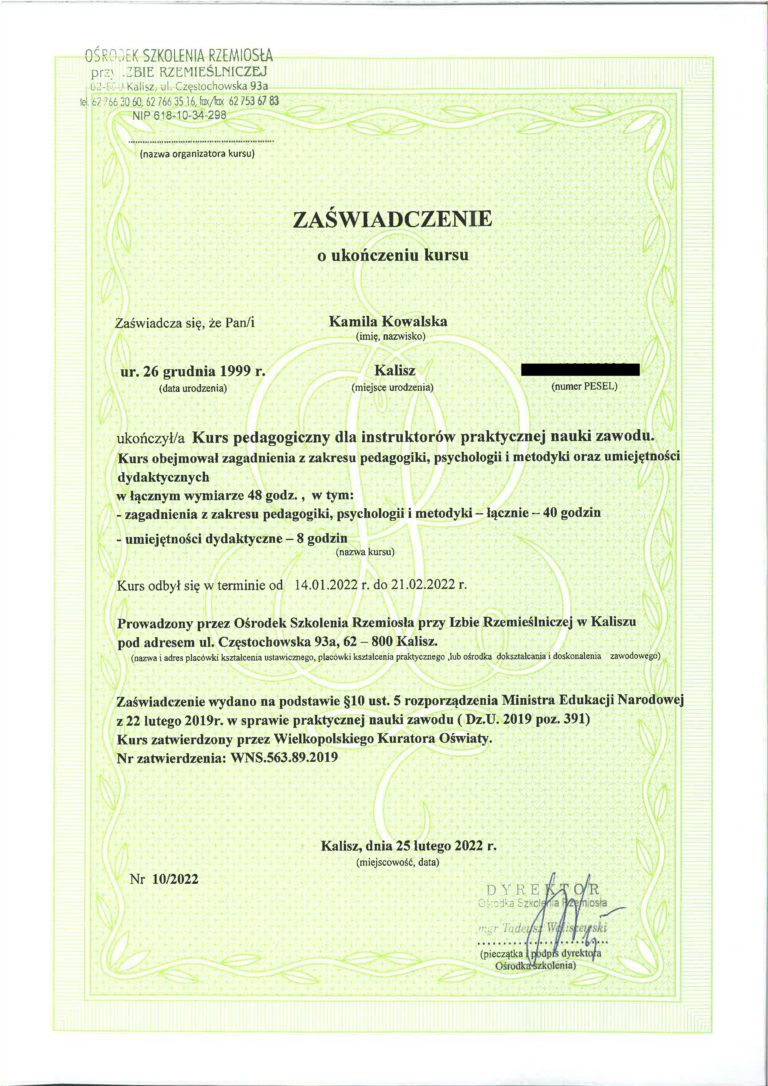 Ukonczony kurs bhp