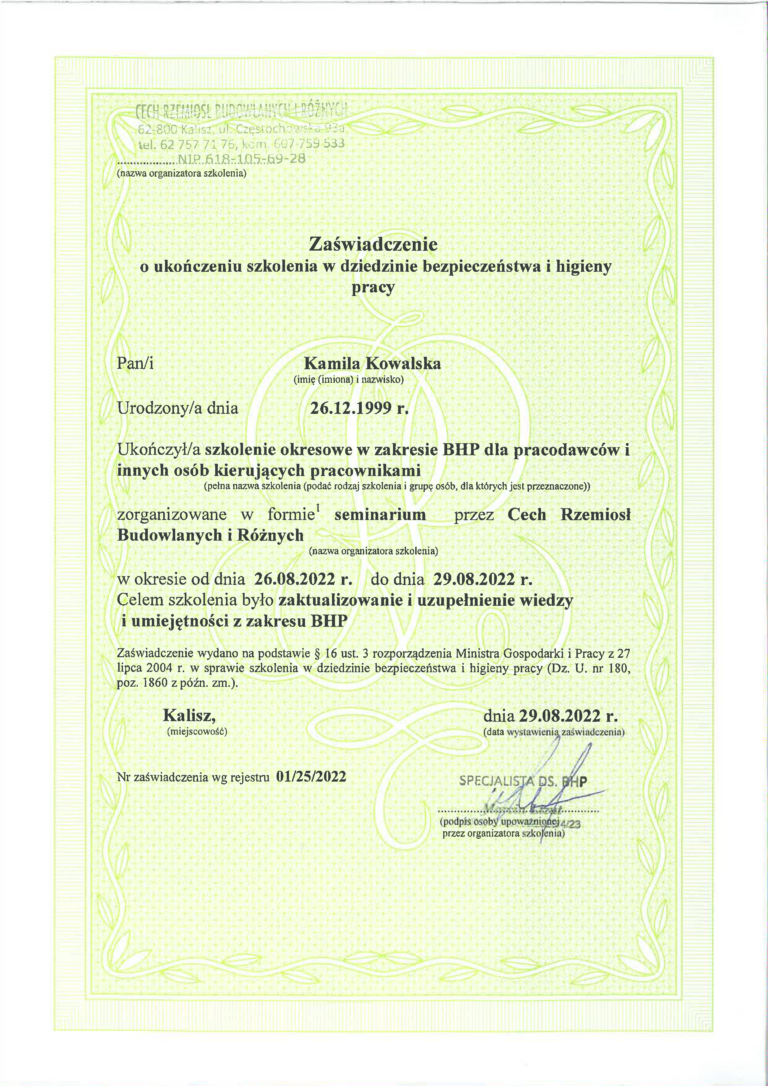 Ukonczony kurs bhp
